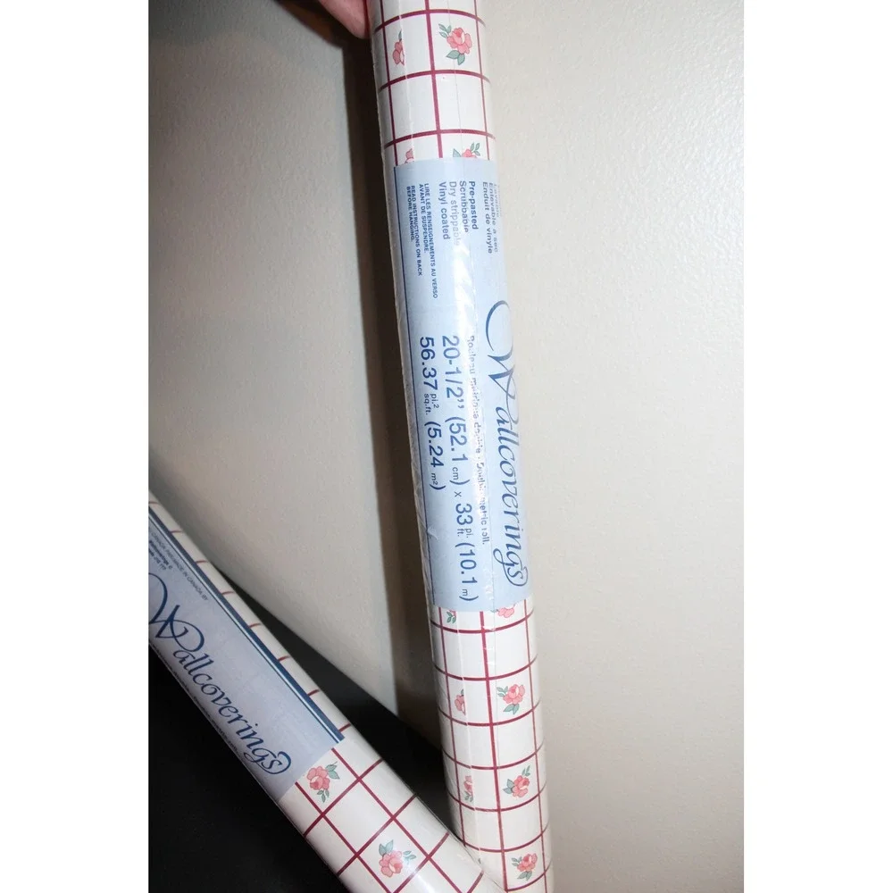 Vintage Wallcoverings Floral Rosebud Red Grid Wallpaper 2 Rolls Pre-Pasted Vinyl